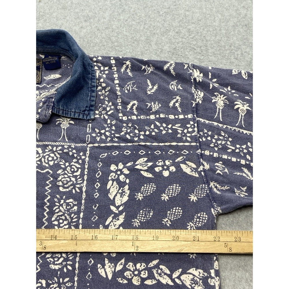 Vintage Pineapple Print Polo Shirt Size M Denim Collar - Picture 7 of 7